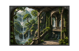 ancient forest balcony overlooking mountains, waterfall and river