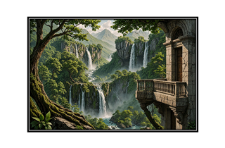 ancient forest balcony overlooking mountains, waterfall and river