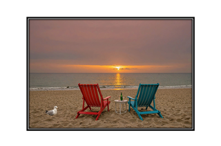 beach chairs on the beach facing the sea at sunset with seagull