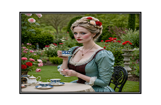 Victorian blonde woman having tea in the garden