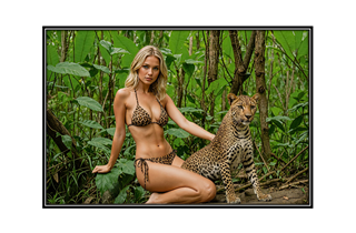 beautiful blonde with leopard in jungle