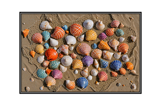 colorful seashells on a net on the beach