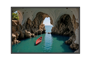 grotto with red rowboat
