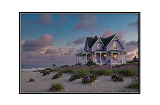 lilac colored Victorian cottage on beach at twilight width=