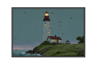 seaside lighhouse with seagulls and sailboat