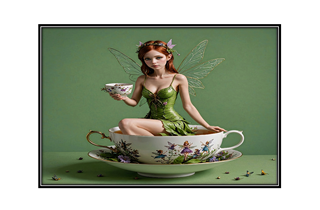 fairy holding a tea cup while in a tea cup