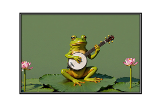 frog playing banjo on lotus flower