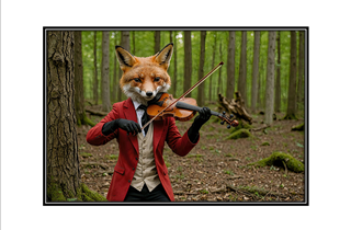 red fox playing violin in the woods