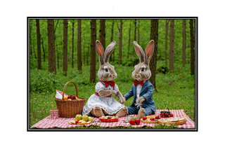 romantic bunny couple on a picnic in the woods