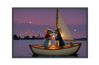 romantic mouse couple kissing on sailboat